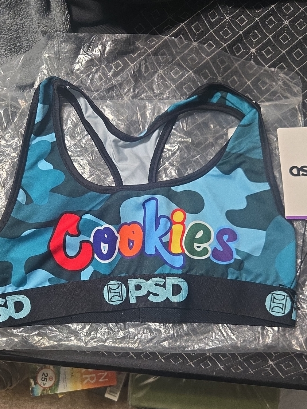 PSD Blue Camo Sports Bra with Colorful Cookies Logo